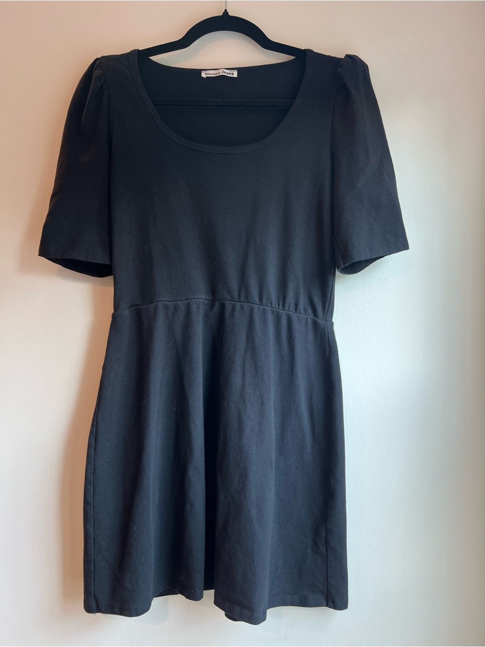 Reformation Black Scoop Neck Midi Dress with Puff Sleeves